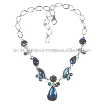 Topaze bleue et peridot au Labradorite avec collier en érable en argent 925 pour cadeau